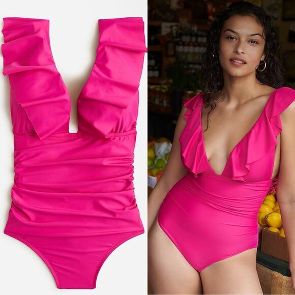 J Crew Ruched Ruffle One-Piece Swimsuit Radiant Fuchisa - Picture 1 of 14